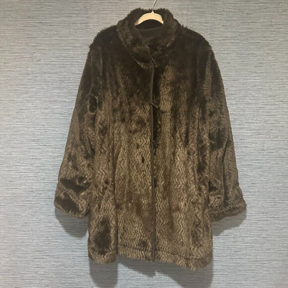 Pamela McCoy Faux Fur Coat Womens 1X Deep Brown Black Reversible Faux Leather - Picture 1 of 9